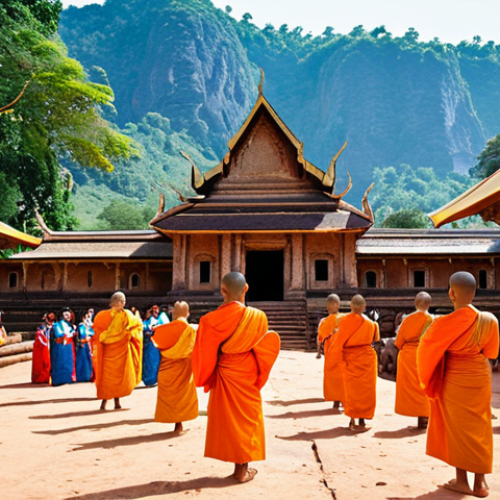 Home 4 **Wat Phou Festival Scene:** A vibrant scene at the Wat Phou festival in Champasak, Laos. Capture the ancient temple complex with monks participating in religious rituals, local people offering prayers, and colorful traditional Lao music and dance performances in the foreground. Show the cultural richness and historical significance of the festival against the backdrop of the UNESCO World Heritage site.