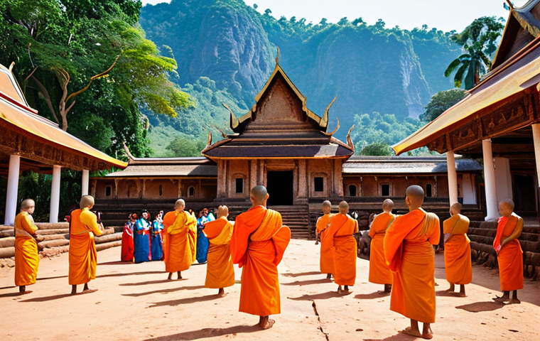 **Wat Phou Festival Scene:** A vibrant scene at the Wat Phou festival in Champasak, Laos. Capture the ancient temple complex with monks participating in religious rituals, local people offering prayers, and colorful traditional Lao music and dance performances in the foreground. Show the cultural richness and historical significance of the festival against the backdrop of the UNESCO World Heritage site.