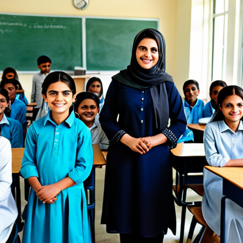 **
"A professional female teacher in a modest shalwar kameez, standing in a bright, modern classroom filled with smiling students, fully clothed, appropriate attire, safe for work, perfect anatomy, natural proportions, educational setting, family-friendly, high quality photo"
**