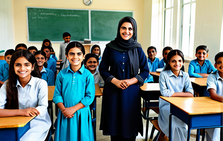 **
"A professional female teacher in a modest shalwar kameez, standing in a bright, modern classroom filled with smiling students, fully clothed, appropriate attire, safe for work, perfect anatomy, natural proportions, educational setting, family-friendly, high quality photo"
**