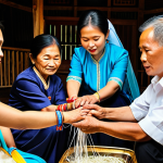 Home 7 Baci Ceremony**
"A Laotian Baci ceremony in a village home. Village elders tie blessed threads around the wrists of a bride and groom, surrounded by family. Fully clothed in traditional silk attire. Safe for work. Appropriate content. Professional photography, perfect anatomy, modest clothing, natural pose, soft lighting, family-friendly."
**