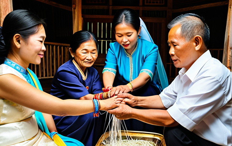 Baci Ceremony**
"A Laotian Baci ceremony in a village home. Village elders tie blessed threads around the wrists of a bride and groom, surrounded by family. Fully clothed in traditional silk attire. Safe for work. Appropriate content. Professional photography, perfect anatomy, modest clothing, natural pose, soft lighting, family-friendly."
**
