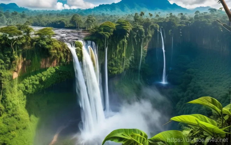 라오스 국립공원 탐방 - **Prompt:** A breathtaking panoramic view of the Bolaven Plateau in Laos, showcasing the majestic Ta...