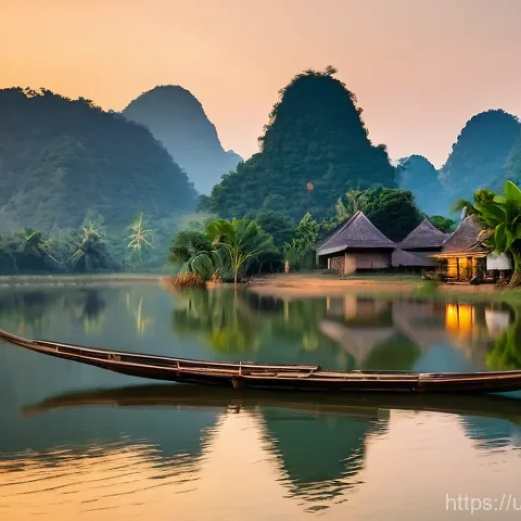 라오스 베스트 리조트 - A Traditional Laotian Riverside Retreat at Sunset**
A serene and picturesque scene of a traditional...