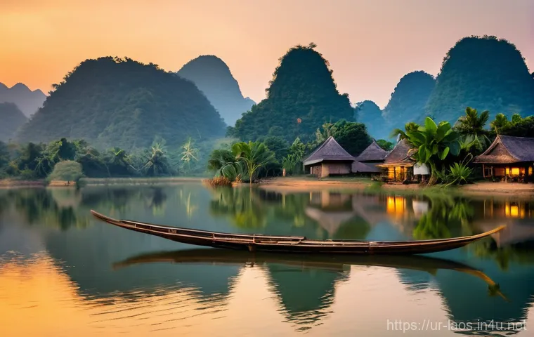 라오스 베스트 리조트 - A Traditional Laotian Riverside Retreat at Sunset**
A serene and picturesque scene of a traditional...